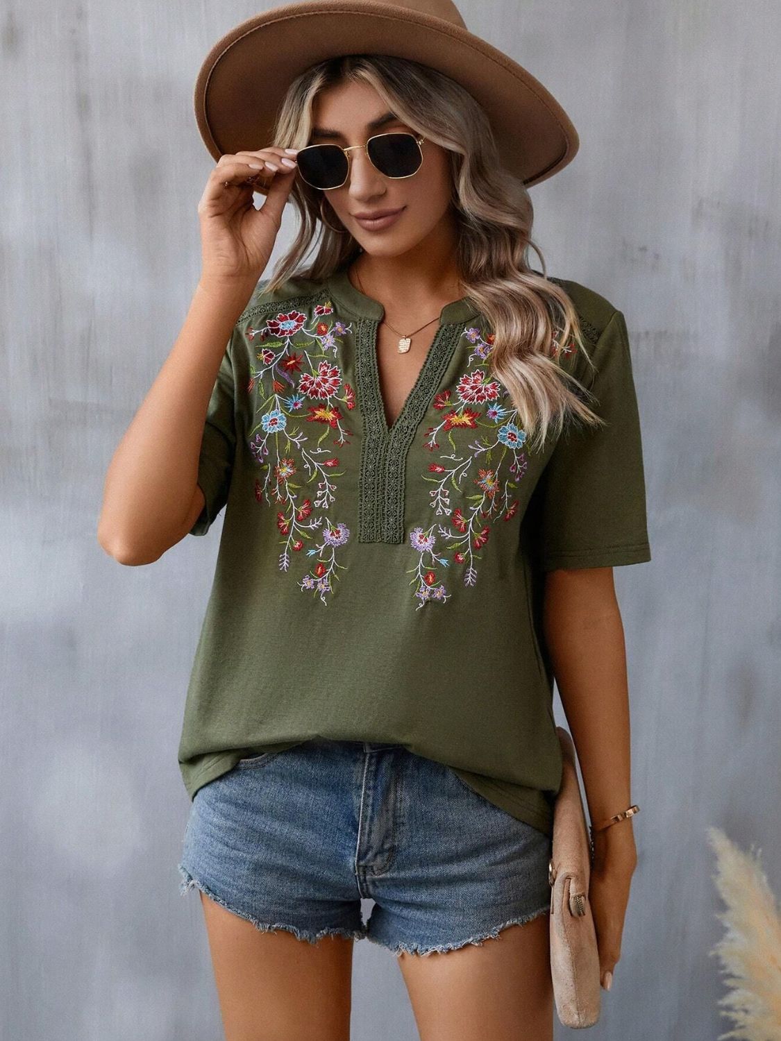 Embroidered Notched Short Sleeve T-Shirt Army Green Blouses & Shirts JT's Designer Fashion