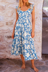 Sky Blue Floral U Neck Flutter Shoulder Tiered Flowy Midi Dress Floral Dresses JT's Designer Fashion