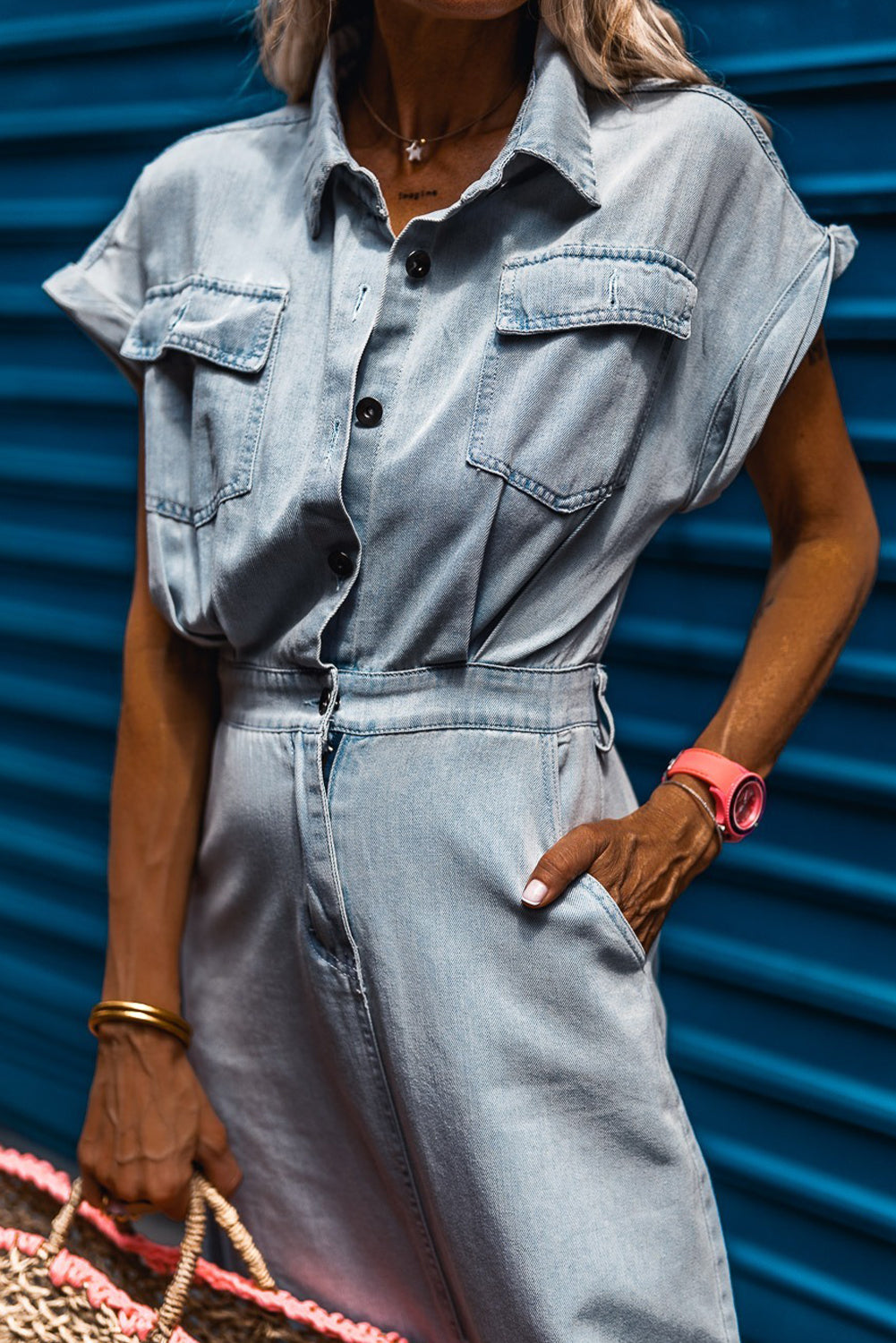 Beau Blue Short Batwing Sleeve Slit Back Denim Dress Maxi Dresses JT's Designer Fashion