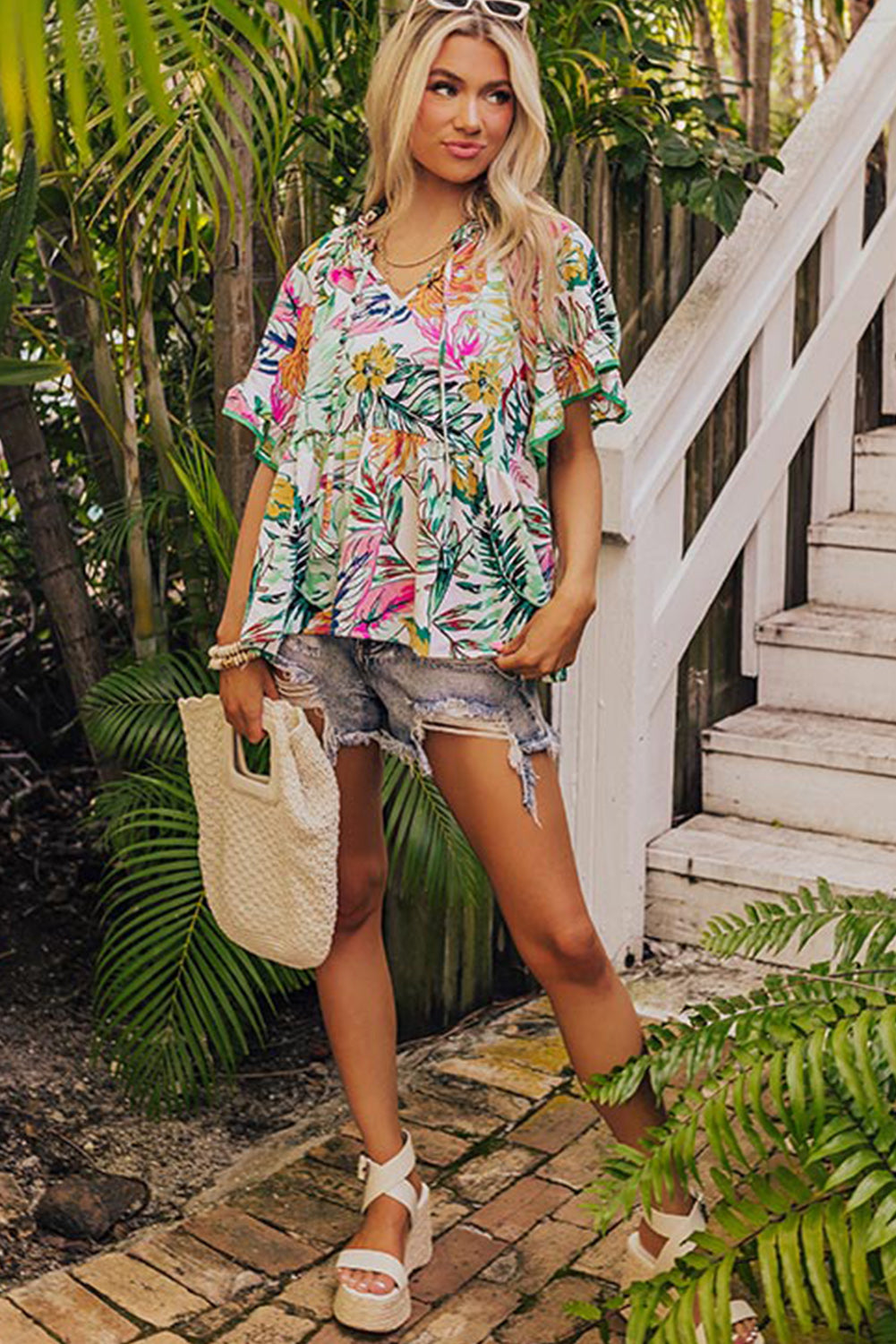 White Tropical Floral Print Ruffled Short Sleeve Blouse Tops & Tees JT's Designer Fashion