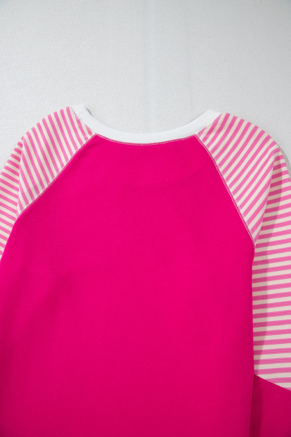 Strawberry Pink Striped Patchwork Crew Neck Raglan Sleeve Top Long Sleeve Tops JT's Designer Fashion