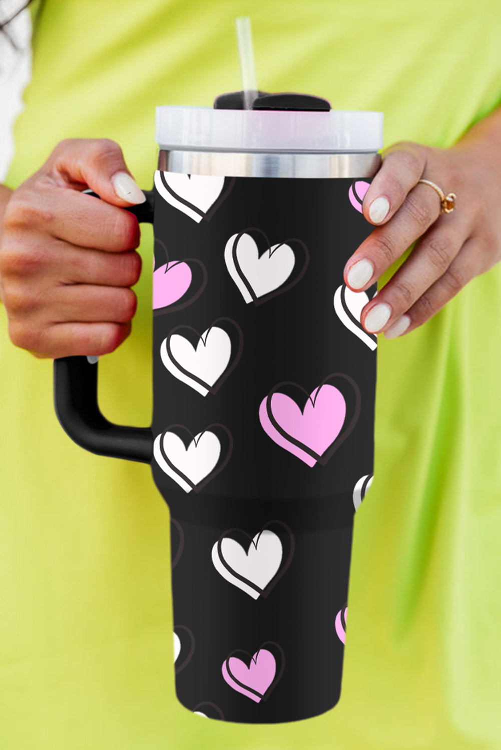 Black Valentines Heart Printed Thermos Cup with Handle Tumblers JT's Designer Fashion