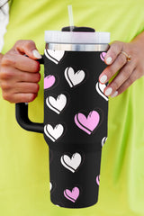 Black Valentines Heart Printed Thermos Cup with Handle Tumblers JT's Designer Fashion