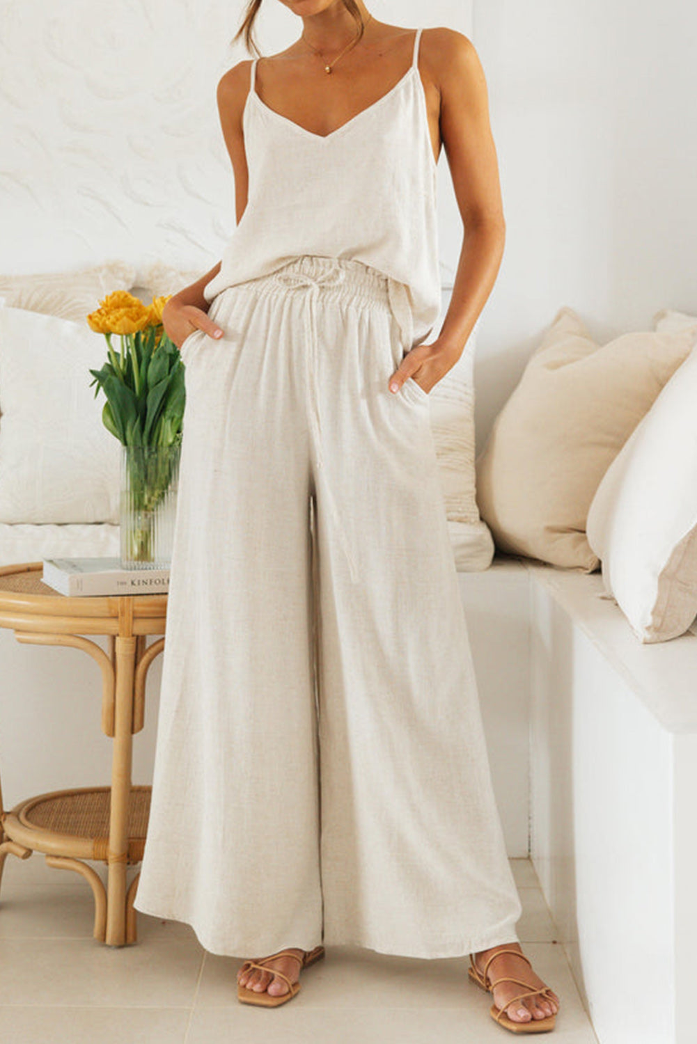 White Linen Spaghetti Straps Vest Wide Leg Pants Set Bottoms JT's Designer Fashion