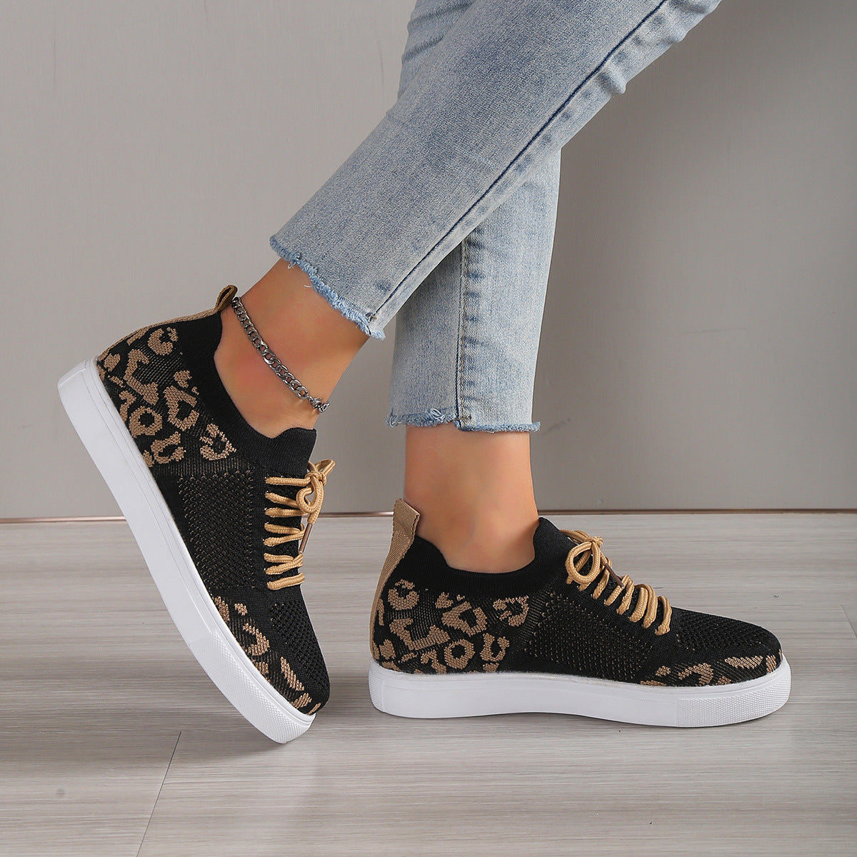 Lace-Up Leopard Flat Sneakers Shoes JT's Designer Fashion