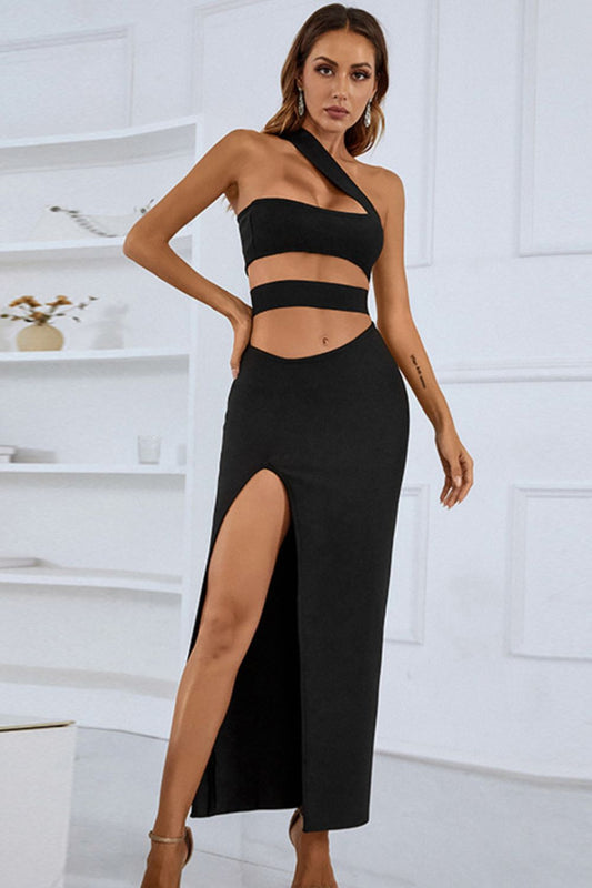 One-Shoulder Cutout Front Split Maxi Dress Black Maxi Dresses JT's Designer Fashion