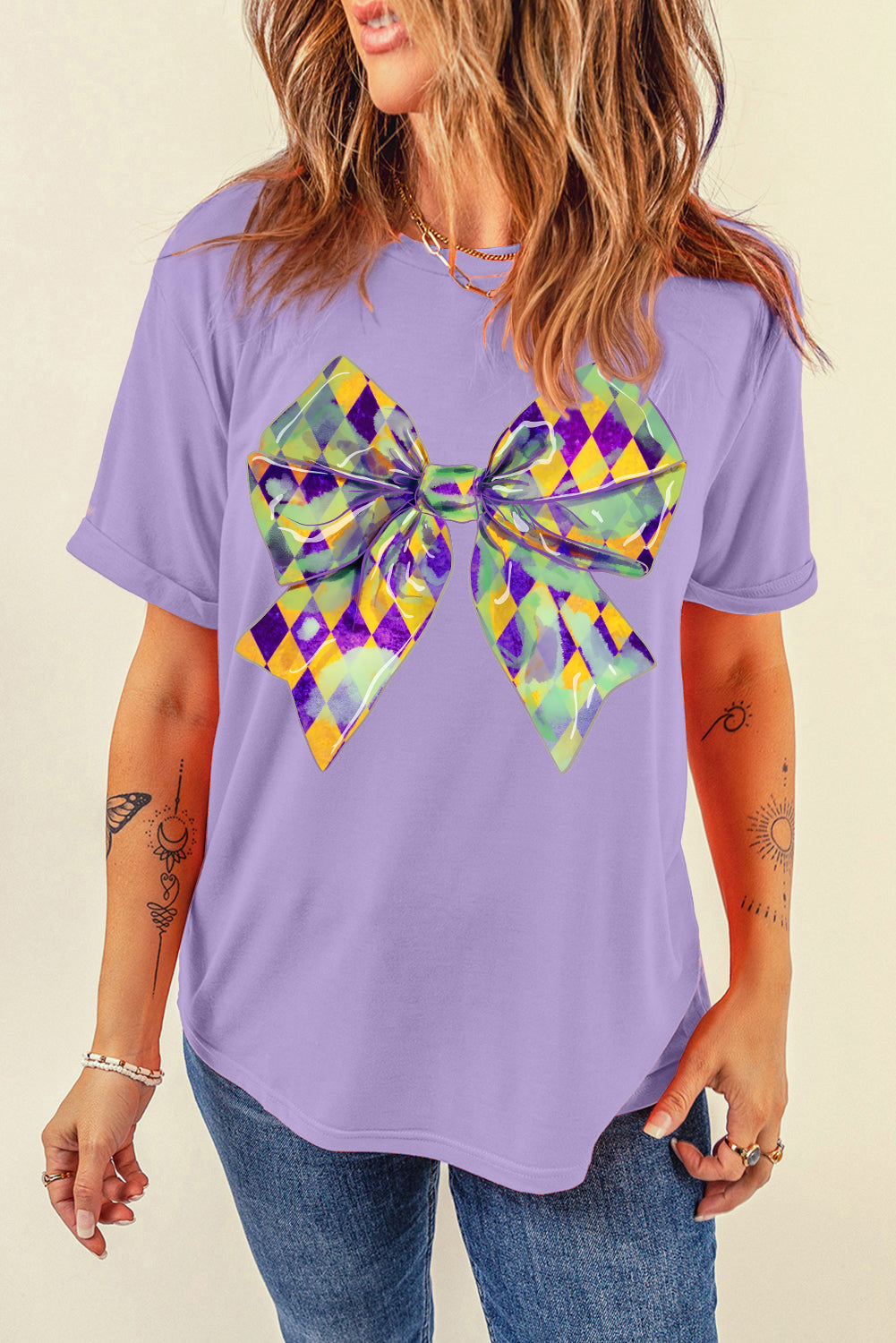 Wisteria Mardi Gras Bowknot Pattern Crew Neck T Shirt Graphic Tees JT's Designer Fashion