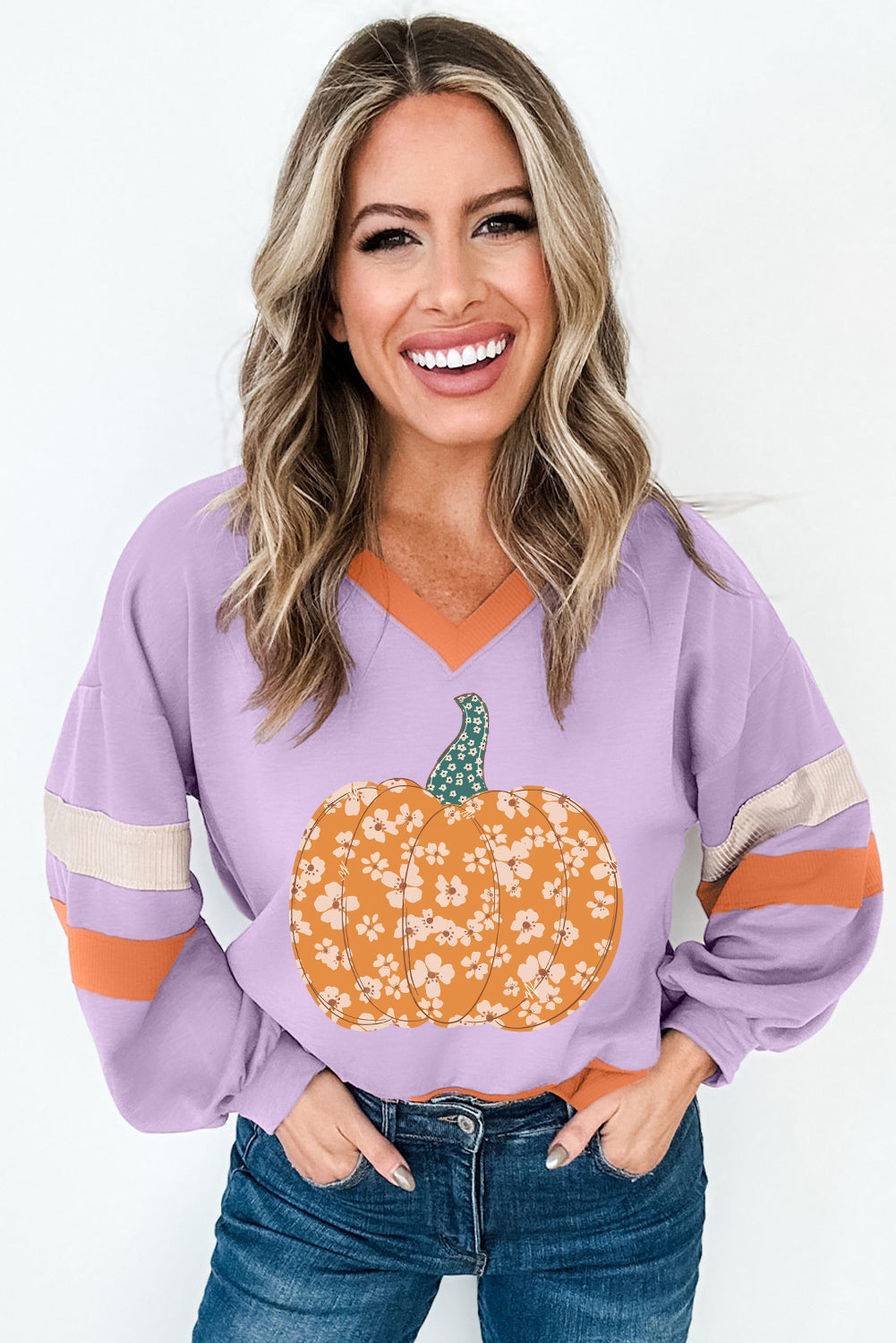 Orchid Bouquet Halloween Floral Pumpkin Color Block V Neck Sweatshirt Graphic Sweatshirts JT's Designer Fashion