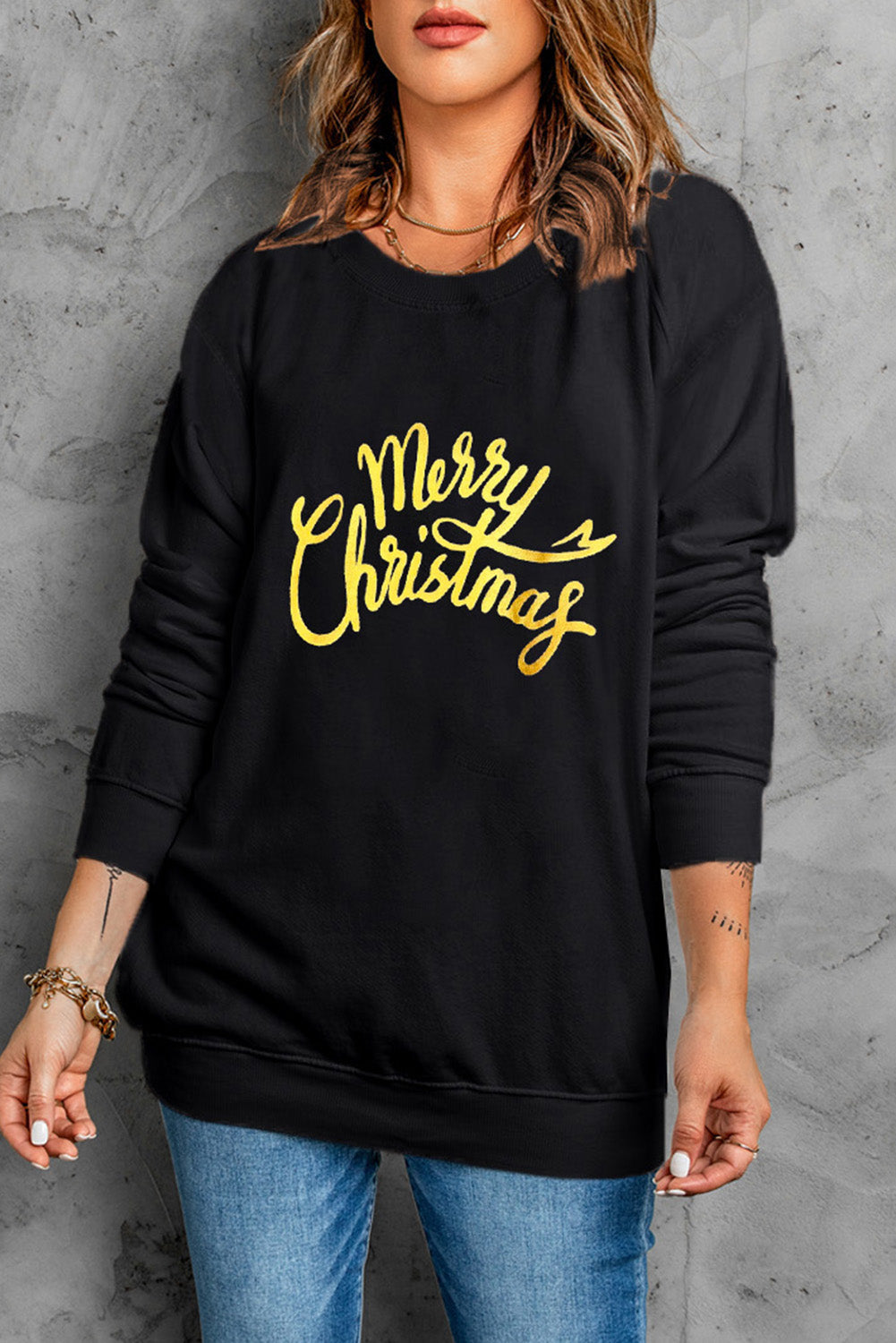 Black Merry Christmas Letter Graphic Drop Shoulder Sweatshirt Graphic Sweatshirts JT's Designer Fashion