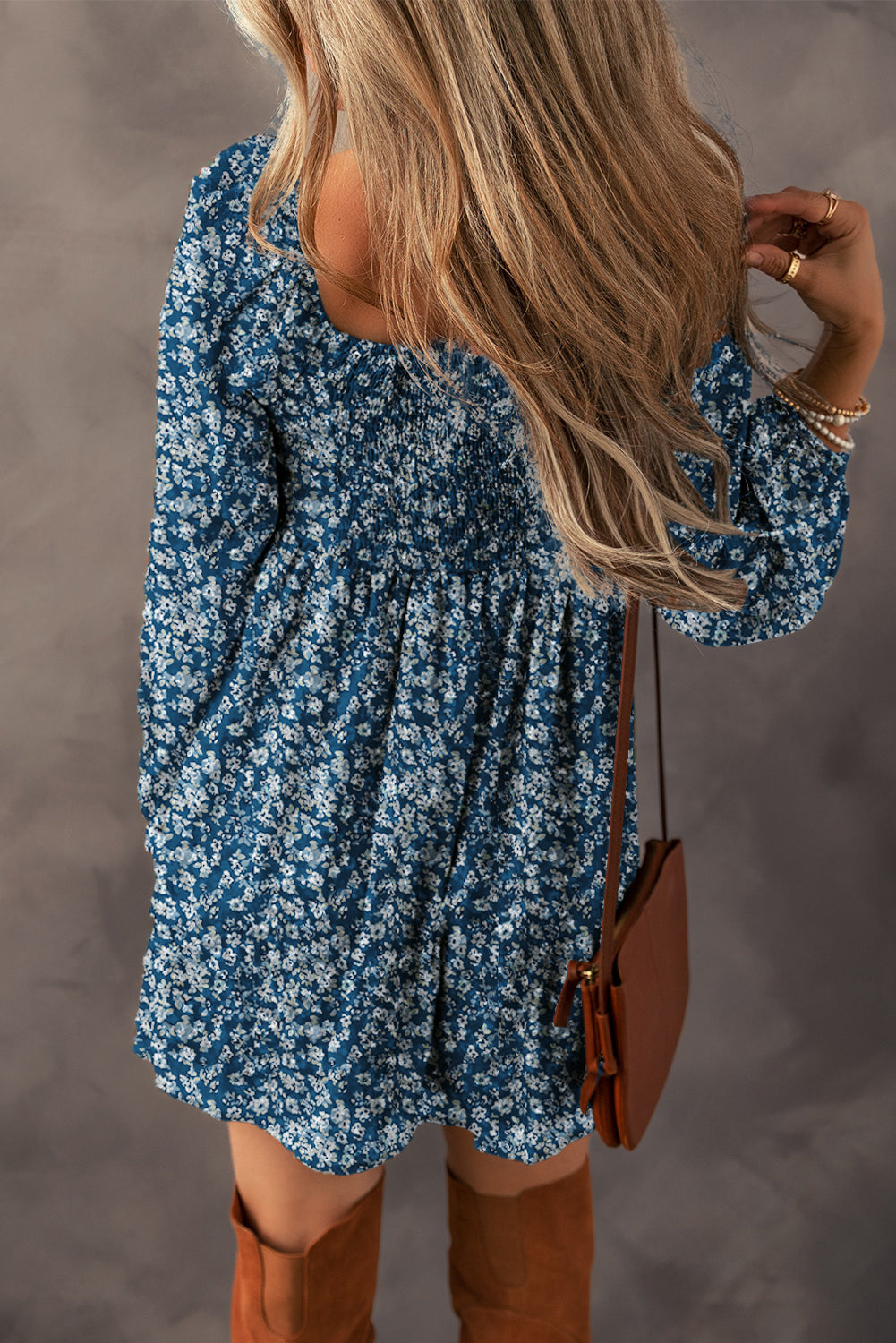 Blue Floral Print Sweetheart Neck Shirred Back Mini Dress Floral Dresses JT's Designer Fashion