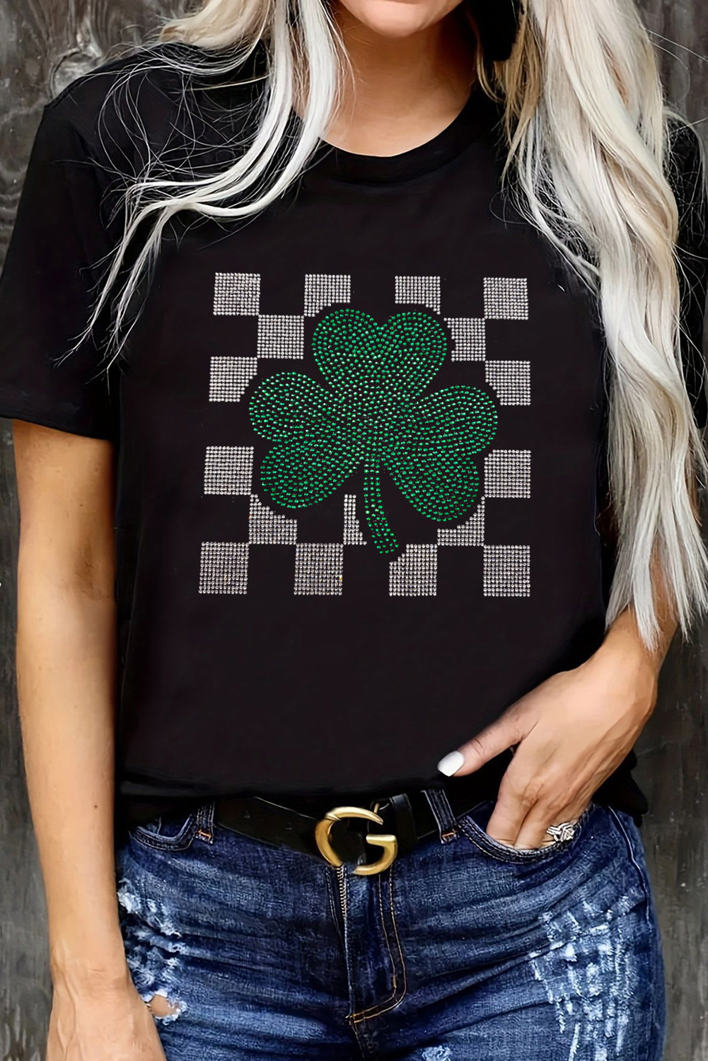 Black Clover Checkered Rhinestone Crew Neck T Shirt Graphic Tees JT's Designer Fashion