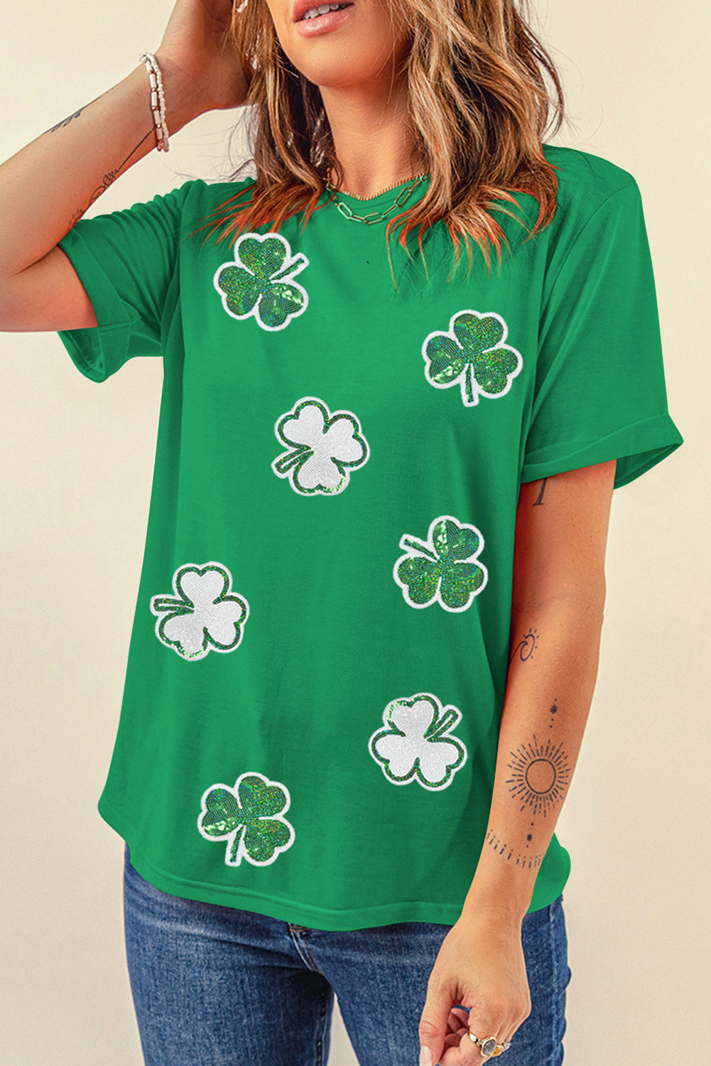 Bright Green St Patricks Sequined Clover Pattern T Shirt Graphic Tees JT's Designer Fashion