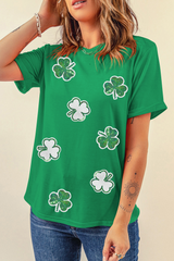 Bright Green St Patricks Sequined Clover Pattern T Shirt Graphic Tees JT's Designer Fashion