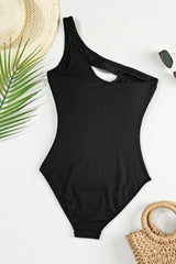 Black Ribbed One Shoulder Hollowed One Piece Swimsuit Swimwear JT's Designer Fashion