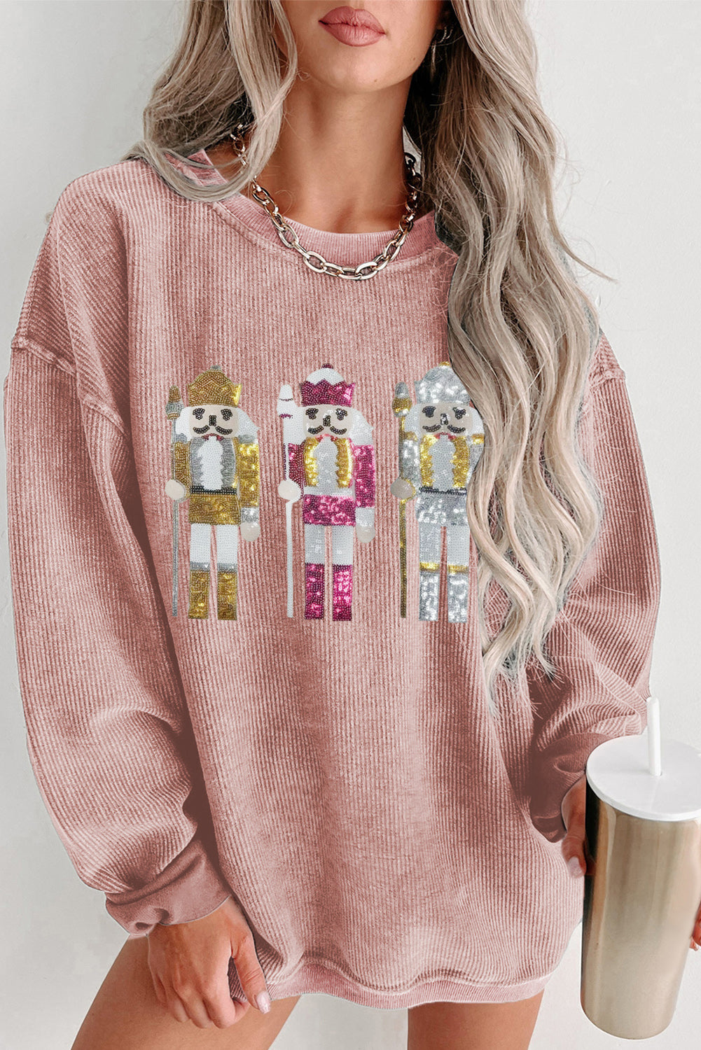 Pink Christmas Nutcracker Pattern Ribbed Oversized Sweatshirt Pink 100%Polyester Graphic Sweatshirts JT's Designer Fashion