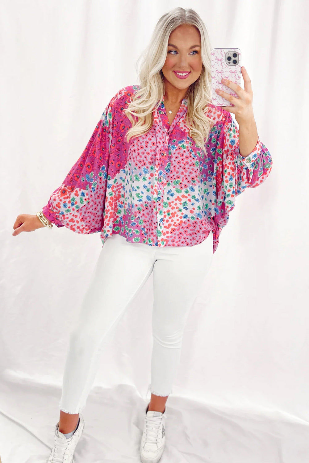 Rose Red Floral Allover Print Buttoned V Neck Oversized Shirt Blouses & Shirts JT's Designer Fashion