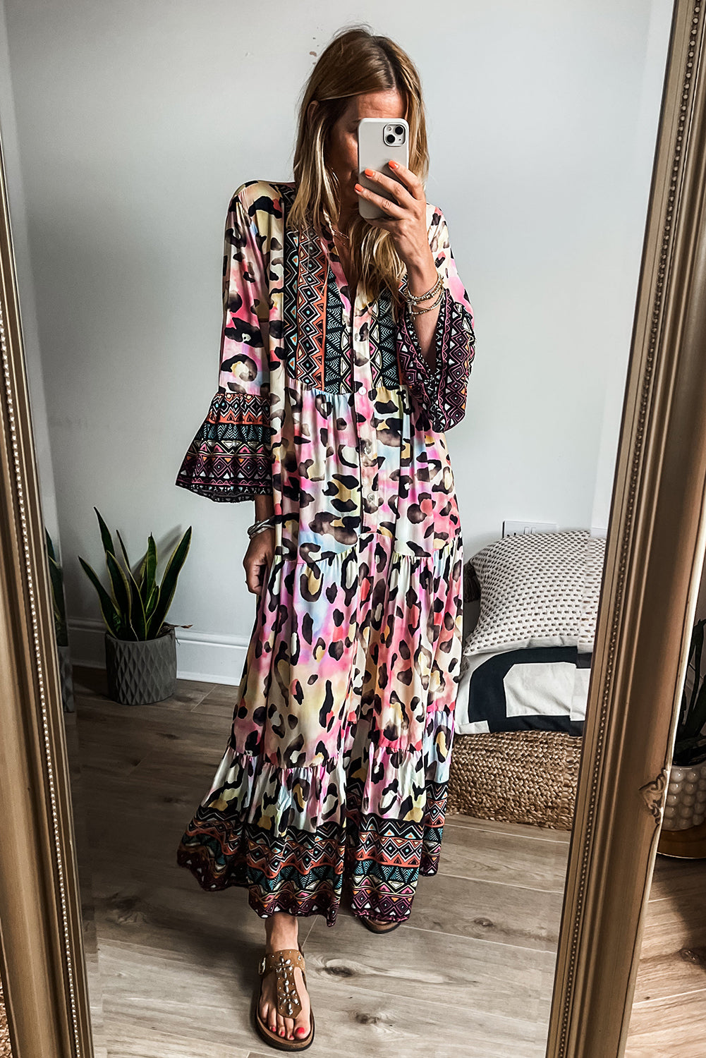 Pink Western Leopard Printed 3/4 Sleeve Buttoned Front Tiered Maxi Dress Maxi Dresses JT's Designer Fashion