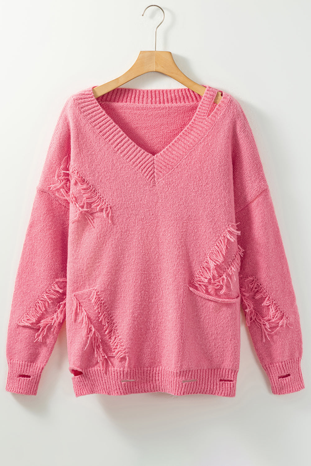 Pink Distressed Fringed Detail V Neck Baggy Sweater Sweaters & Cardigans JT's Designer Fashion