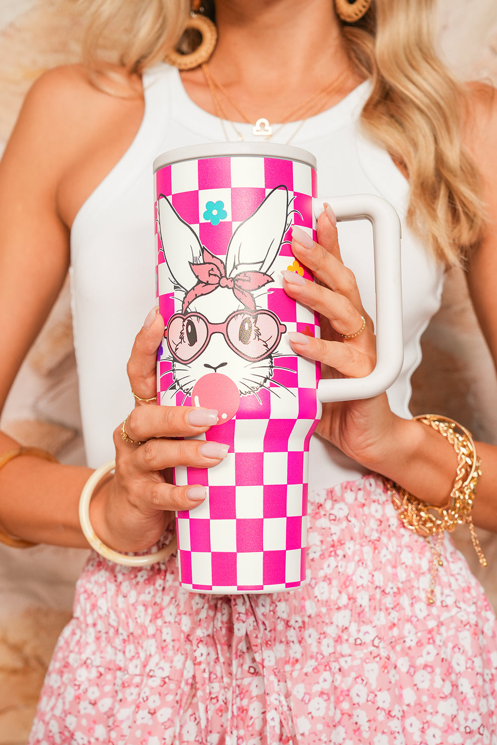 Rose Red Easter Rabbit Flower Checkered Print Large Tumbler 40oz Tumblers JT's Designer Fashion