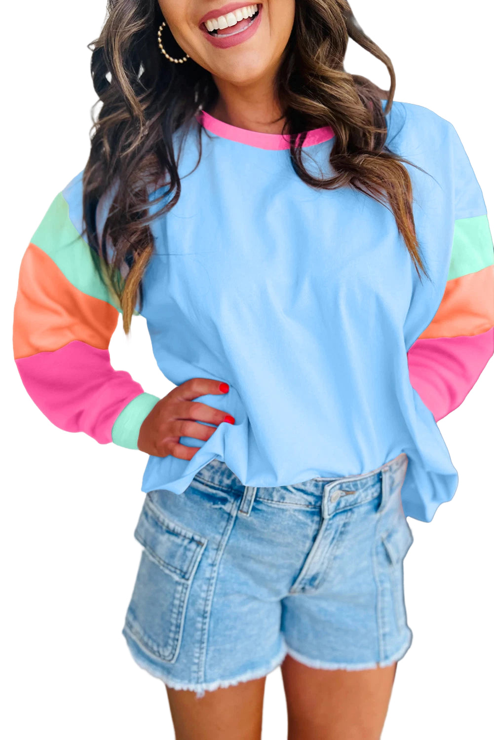 Dark Blue Colorblock Patchwork Long Sleeve Loose Top Long Sleeve Tops JT's Designer Fashion