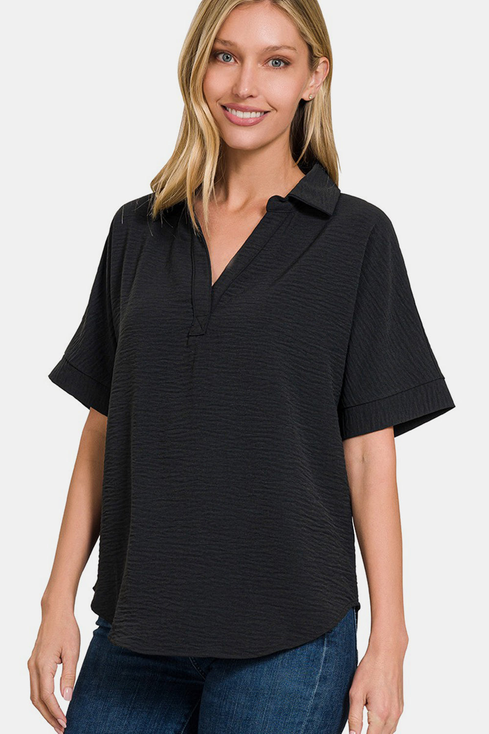 Zenana Full Size Texture Collared Neck Short Sleeve Top Black Tops & Tees JT's Designer Fashion