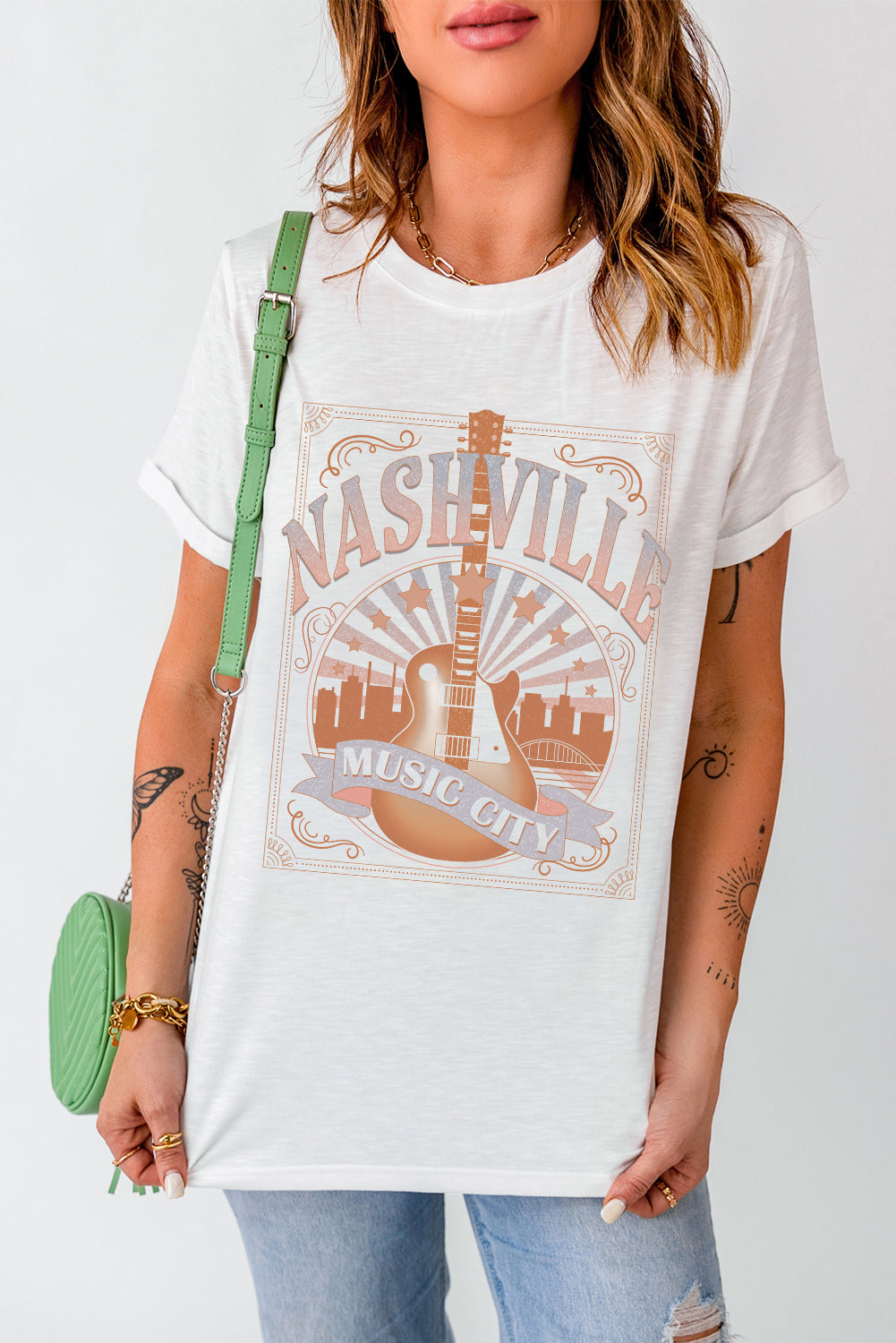 White MUSIC CITY NASHVILLE Graphic T Shirt Graphic Tees JT's Designer Fashion