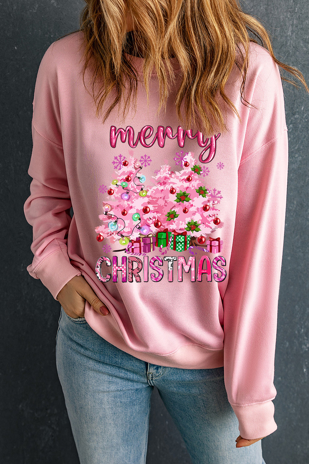 Pink Merry Christmas Graphic Crew Neck Pullover Sweatshirt Graphic Sweatshirts JT's Designer Fashion