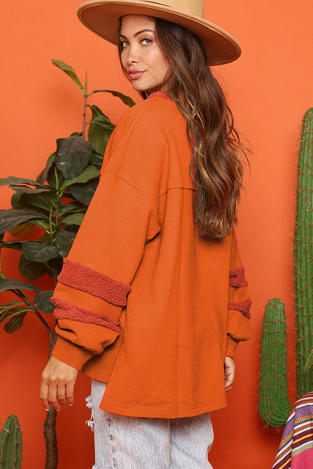 Carrot Fleece Patchwork Side Slits High Low Sweatshirt Sweatshirts & Hoodies JT's Designer Fashion