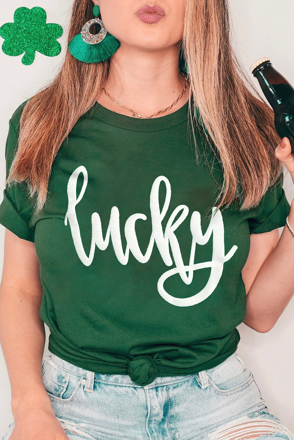 Green St. Patricks Lucky Puff Print Round Neck Casual Tee Graphic Tees JT's Designer Fashion