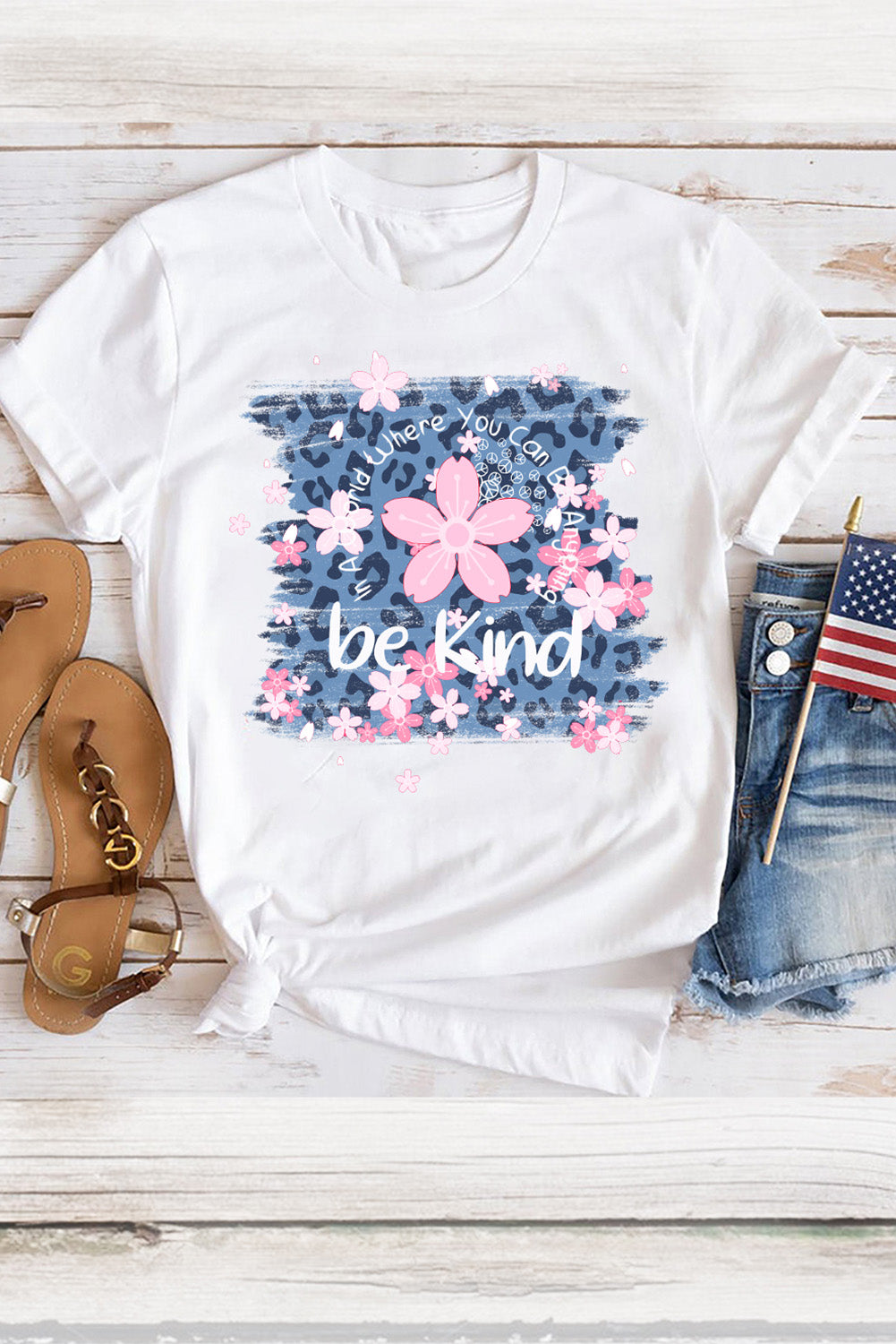 White Be Kind Cherry Blossoms Leopard Graphic T Shirt Graphic Tees JT's Designer Fashion