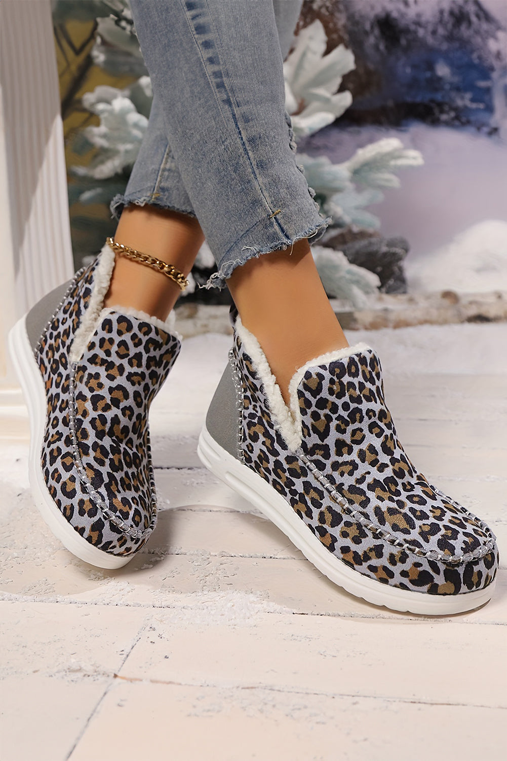 Dark Grey Leopard Print Ankle Patched Flat Winter Fur Boots Women's Shoes JT's Designer Fashion