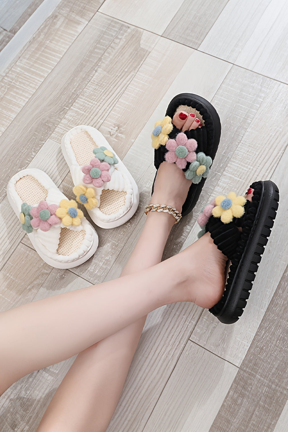 White Fuzzy Flower Cross Strap Open Toe Slippers Slippers JT's Designer Fashion