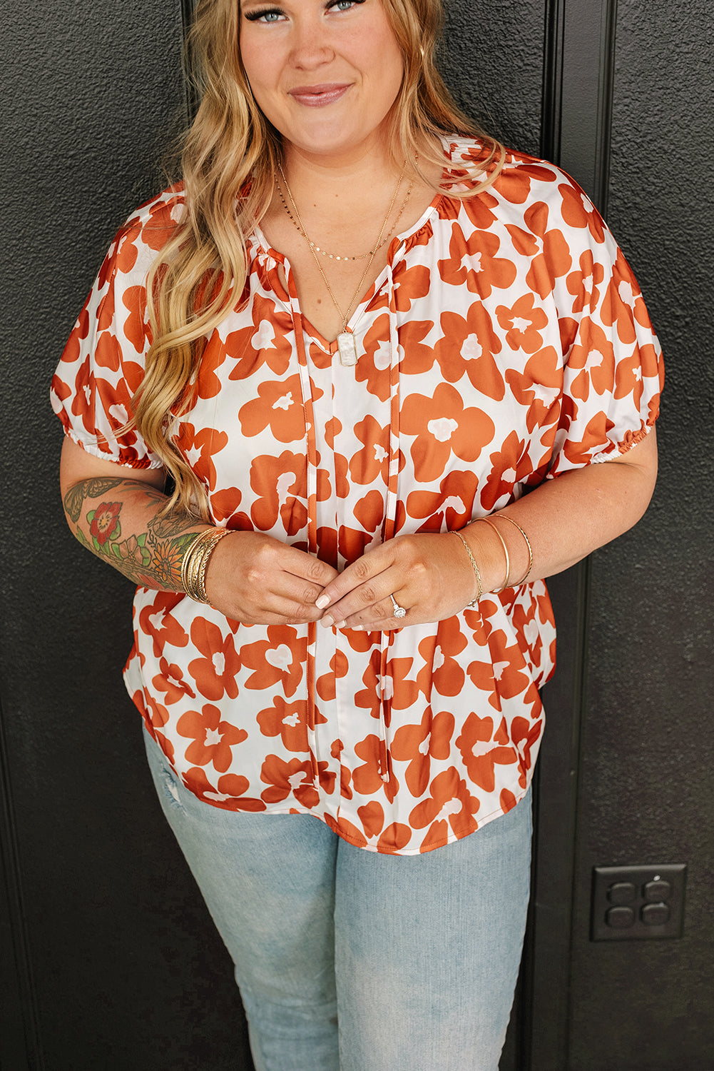 Orange Plus Size Floral Print Drawstring V Neck Short Sleeve Blouse Plus Size JT's Designer Fashion