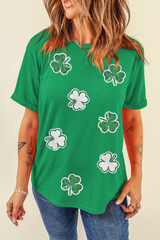 Bright Green St Patricks Sequined Clover Pattern T Shirt Graphic Tees JT's Designer Fashion