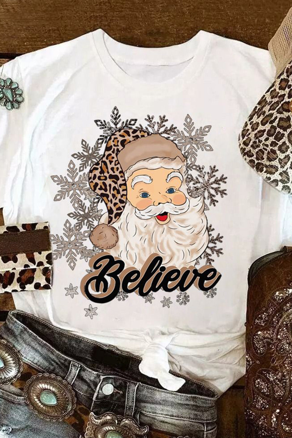 White Believe Santa Claus Snowflake Print Crew Neck T Shirt Graphic Tees JT's Designer Fashion