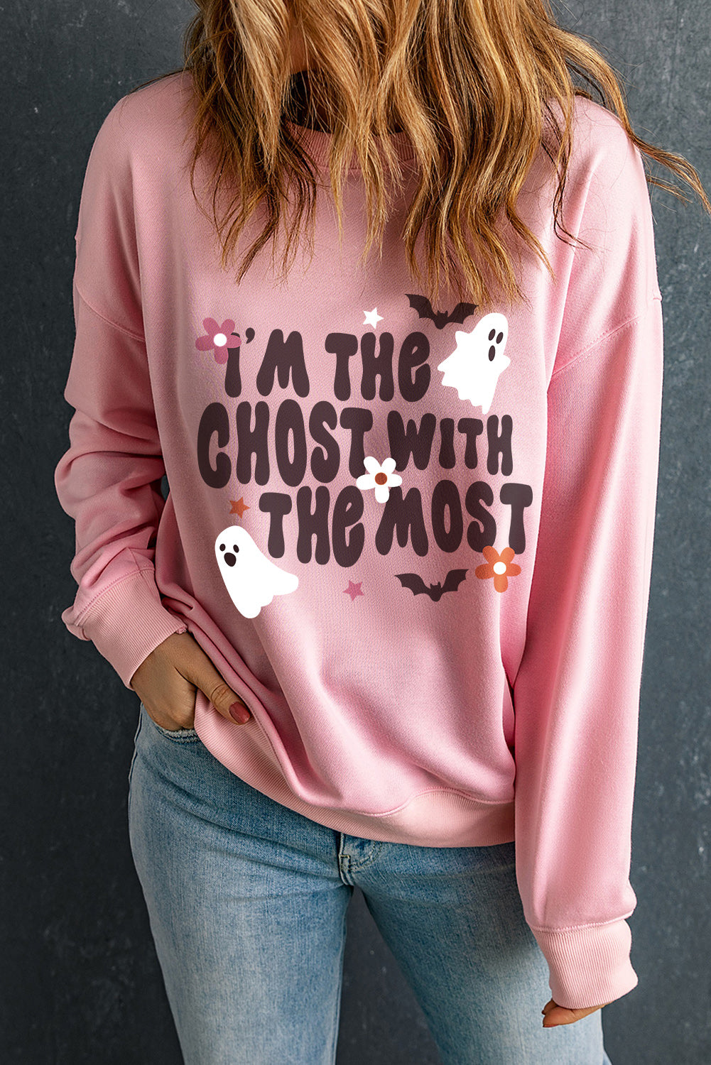 Pink Halloween Slogan Ghost Bat Graphic Drop Shoulder Sweatshirt Graphic Sweatshirts JT's Designer Fashion