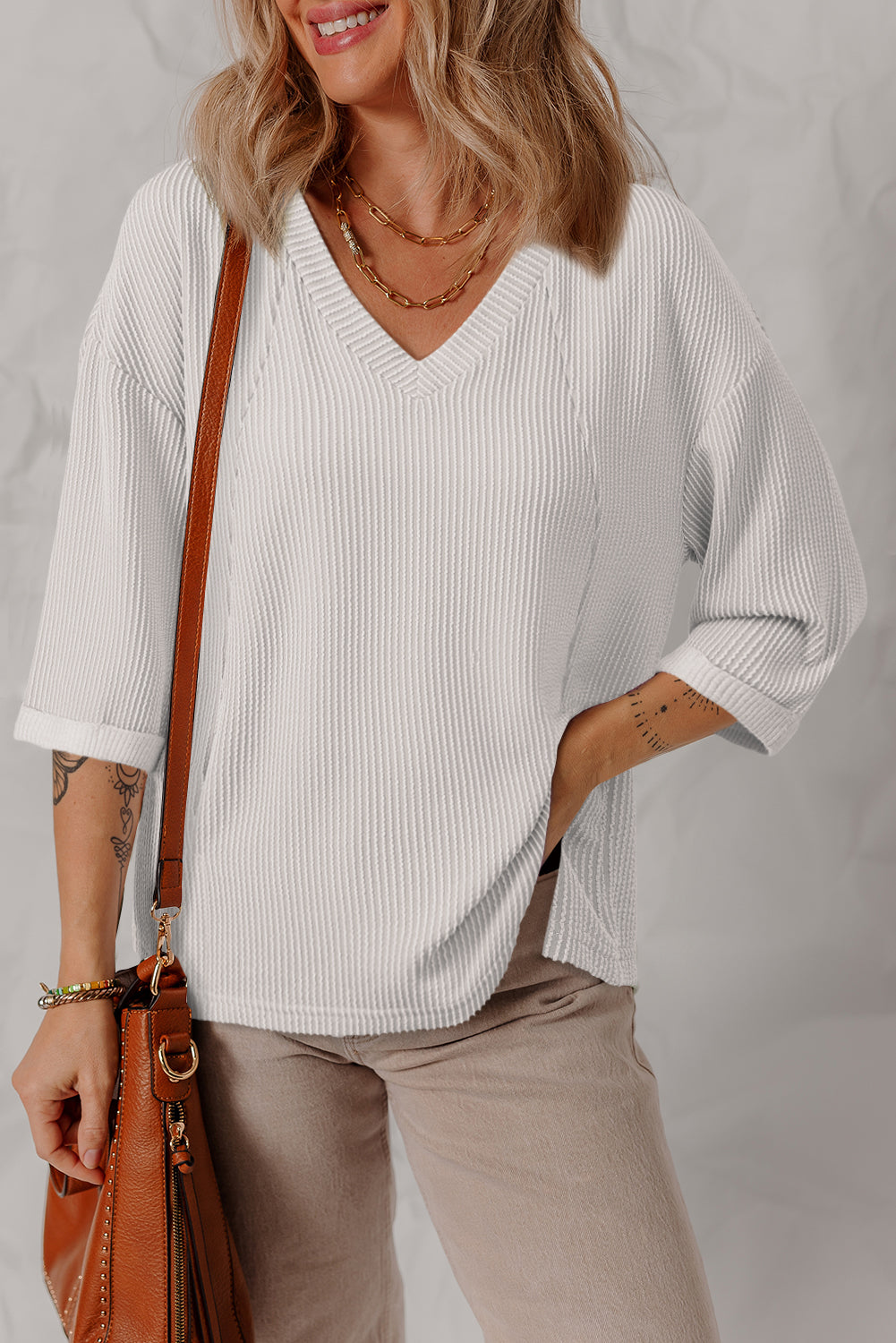 White Solid Color Corded Drop Shoulder 3/4 Sleeve V Neck Top Long Sleeve Tops JT's Designer Fashion