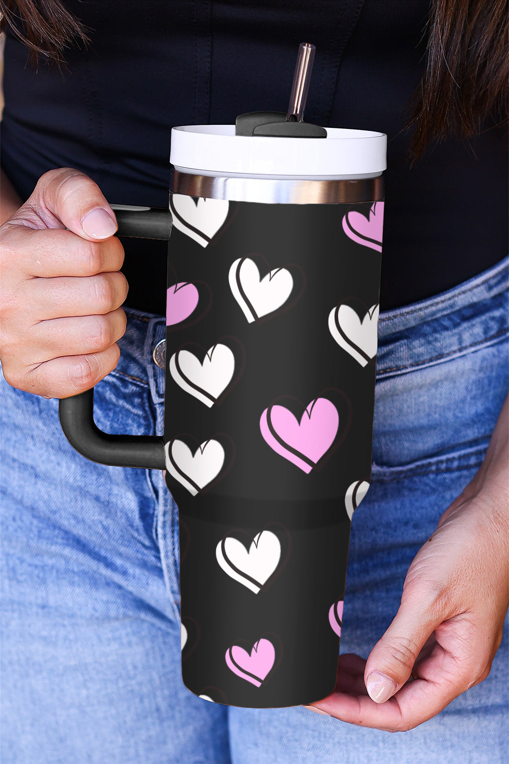 Black Valentines Heart Printed Thermos Cup with Handle Tumblers JT's Designer Fashion