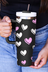 Black Valentines Heart Printed Thermos Cup with Handle Tumblers JT's Designer Fashion