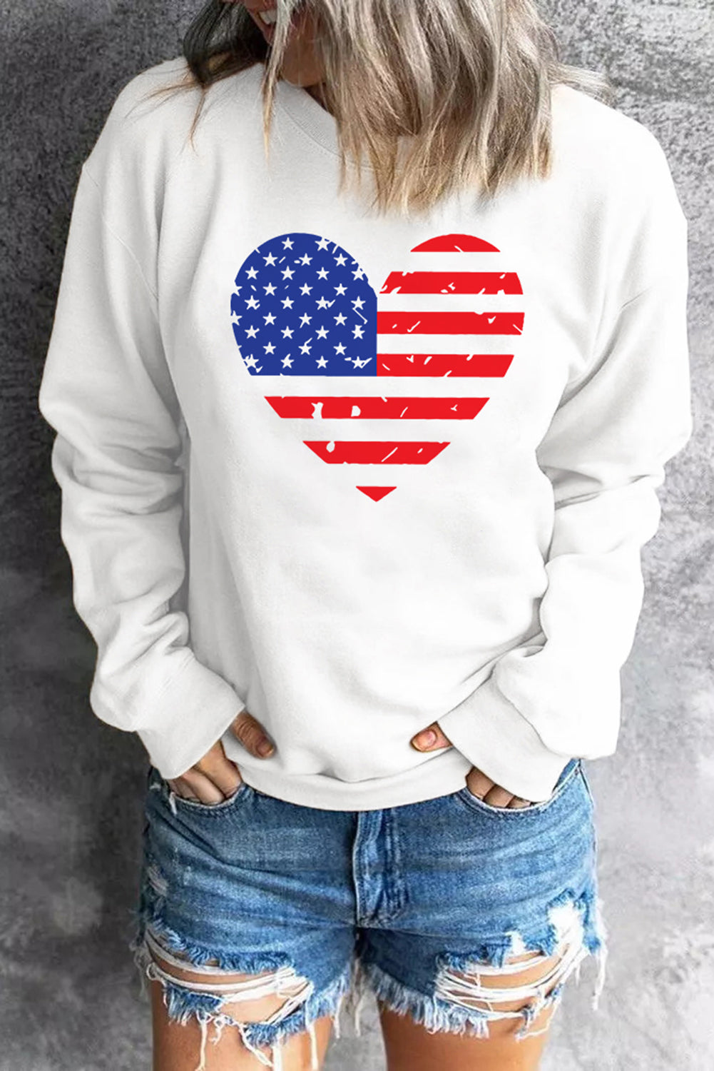 White American Flag Heart Shaped Print Pullover Sweatshirt Graphic Sweatshirts JT's Designer Fashion