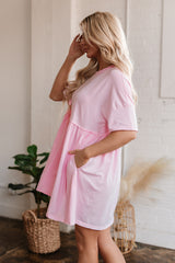 Light Pink Solid Color Pocketed Raw Edge Babydoll Dress Mini Dresses JT's Designer Fashion
