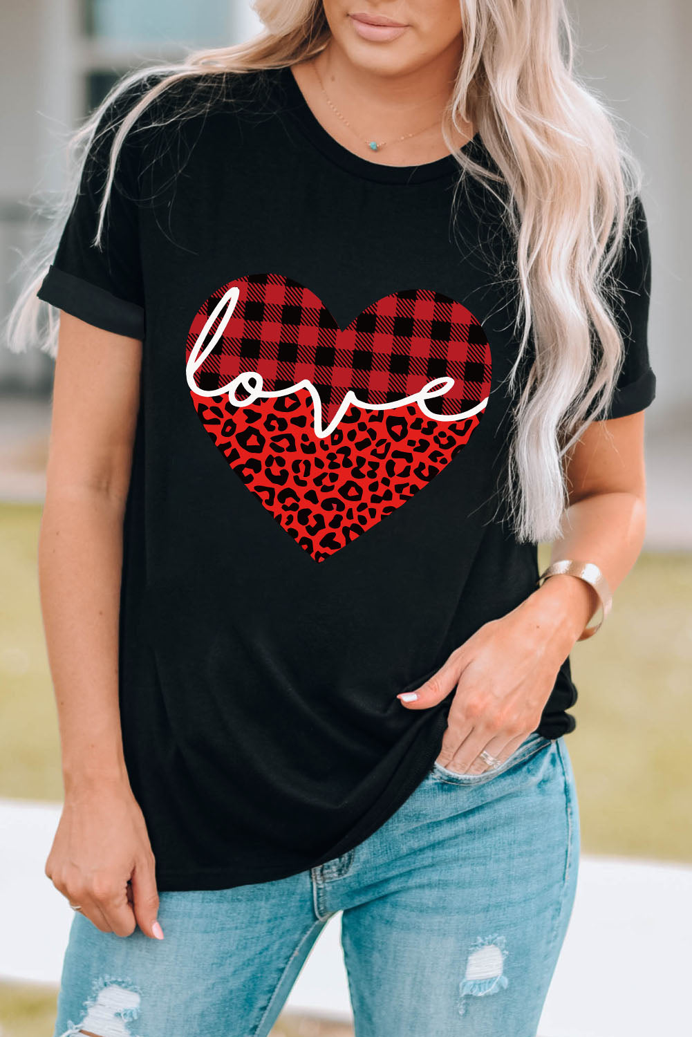 Black Love Leopard Plaid Heart Shaped Crewneck T Shirt Graphic Tees JT's Designer Fashion