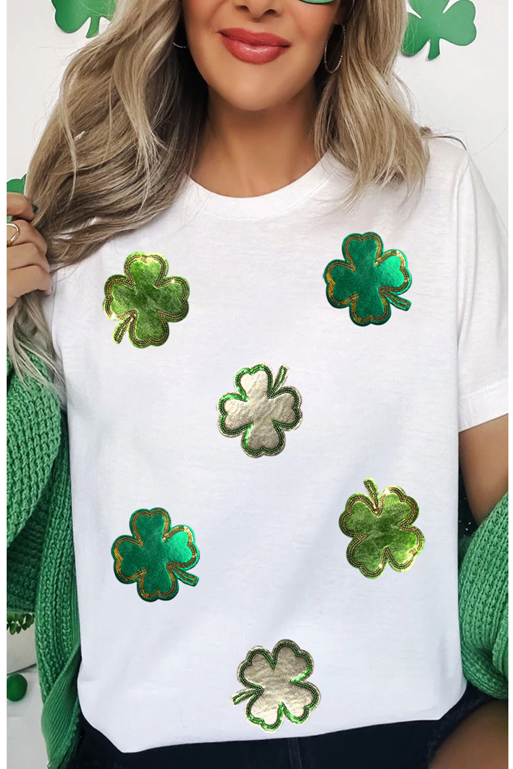 White St.Patrick Clover Crew Neck T Shirt Graphic Tees JT's Designer Fashion