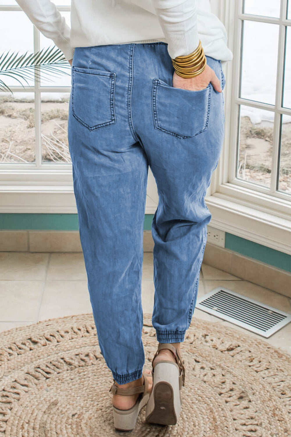 Dusk Blue Drawstring Waist Pocketed Plus Size Denim Joggers Plus Size Bottoms JT's Designer Fashion