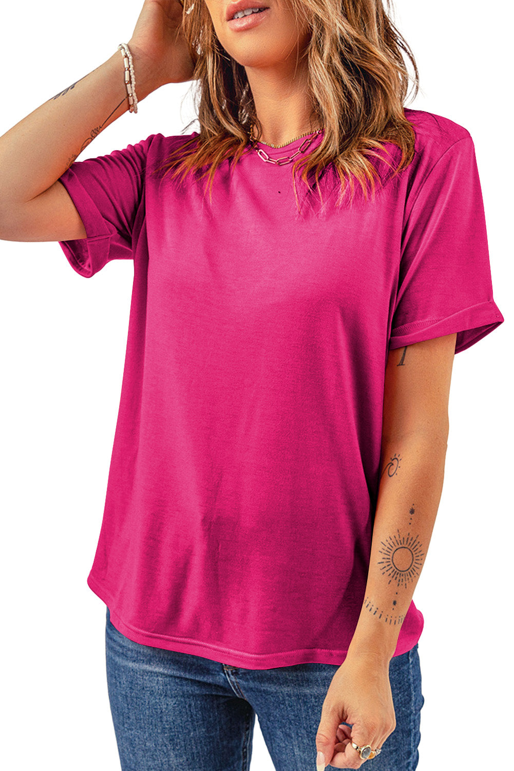 Rose Red Casual Plain Crew Neck Tee Tops & Tees JT's Designer Fashion