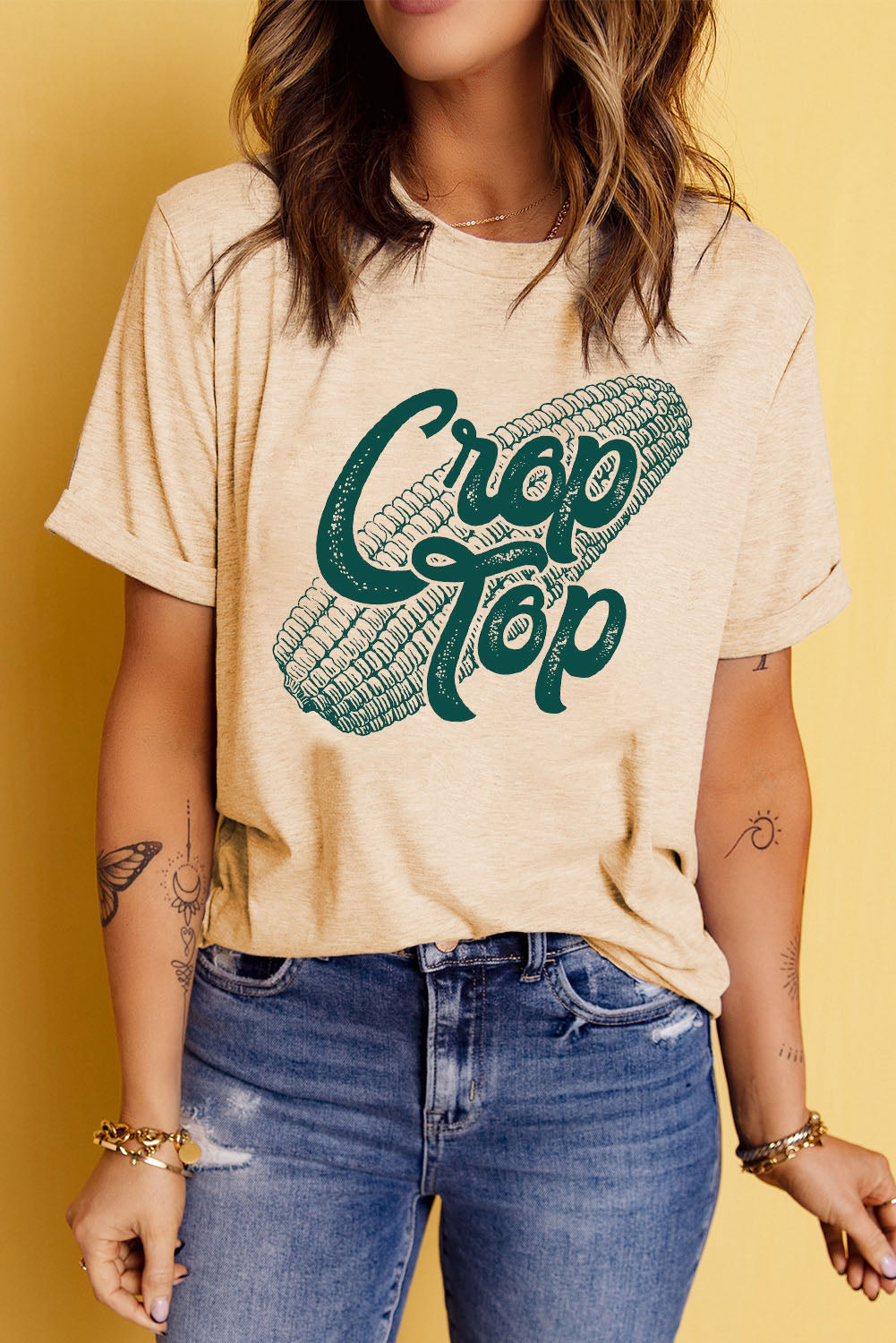 Khaki Corn Crop Top Graphic Tee Graphic Tees JT's Designer Fashion