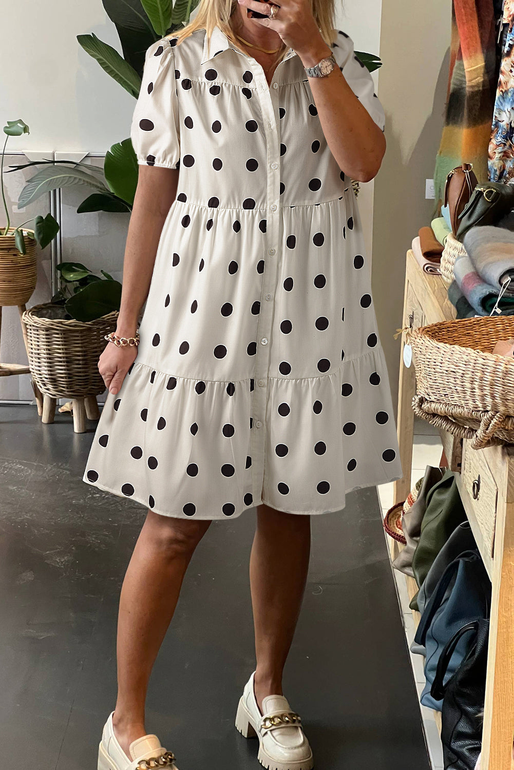 White Polka Dot Print Short Sleeve Collar Buttoned Tiered Babydoll Dress Mini Dresses JT's Designer Fashion