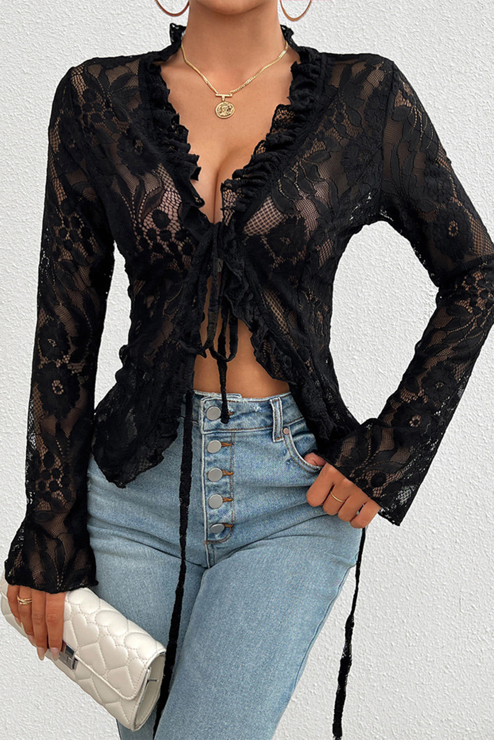 Black Frilly Tie Front See-Through Floral Lace Blouse Blouses & Shirts JT's Designer Fashion