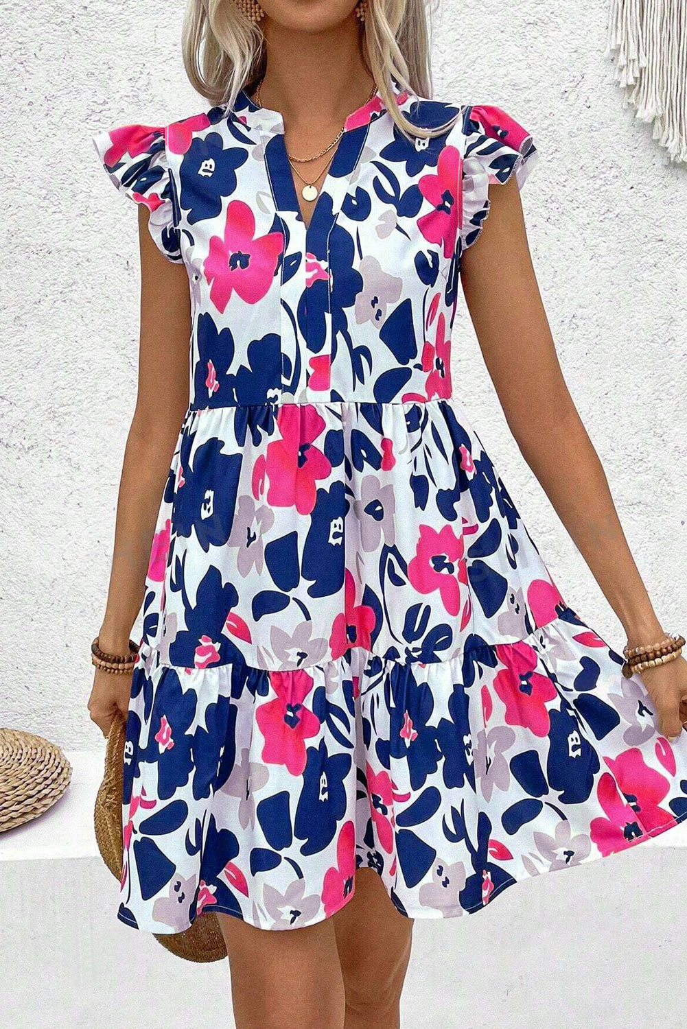 Fashion Floral Print Notched Neck Flutter Sleeve Mini Dress Floral Dresses JT's Designer Fashion