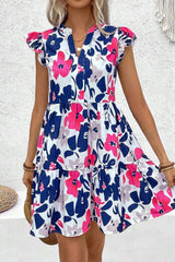 Fashion Floral Print Notched Neck Flutter Sleeve Mini Dress Floral Dresses JT's Designer Fashion